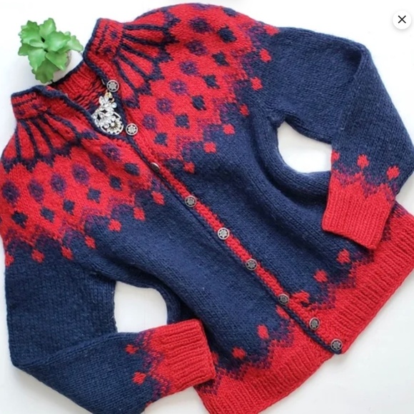 Vintage Sweaters - Norway Chunky Knit Fair Isle Wool Cardigan Red Blue Handknit